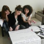Three women sitting on a couch, working on a whiteboard sheet together.